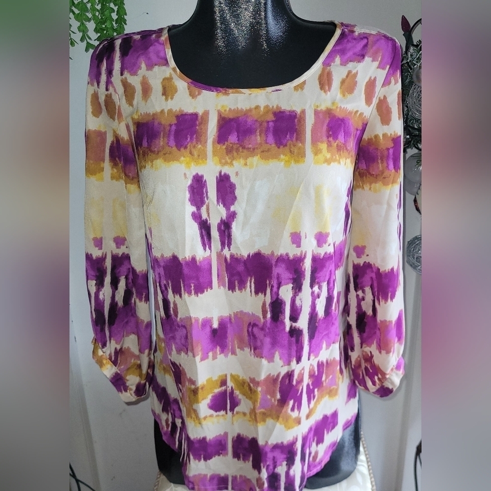 Kate Hill Multi Colored Abstract Cropped Sleeve Top Size 2